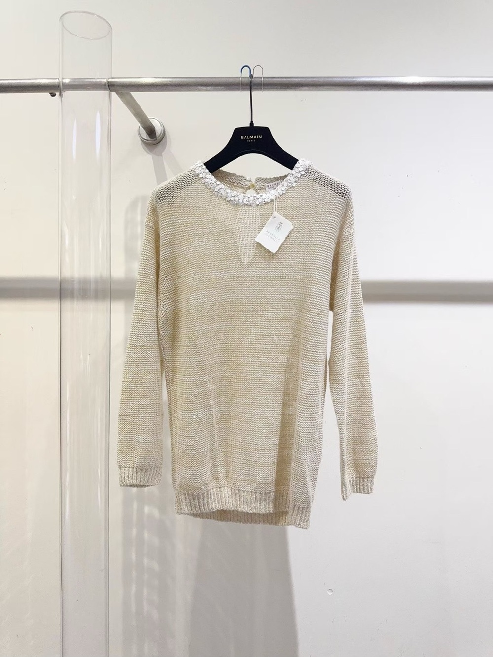 Brunello Cucinelli Cream Crewneck Knit Sweater